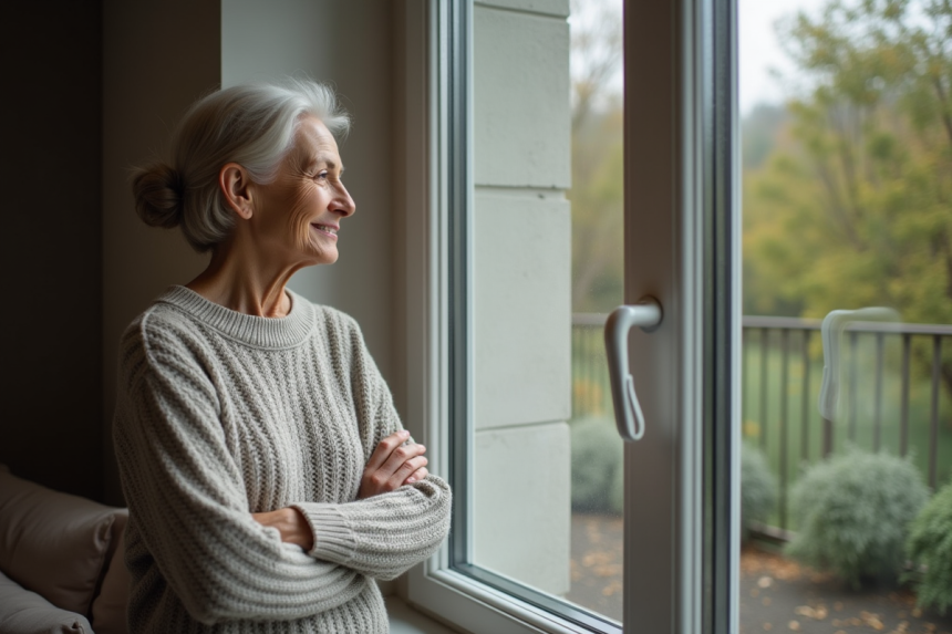 Femme d'âge moyen examinant une grande fenêtre moderne dans son salon