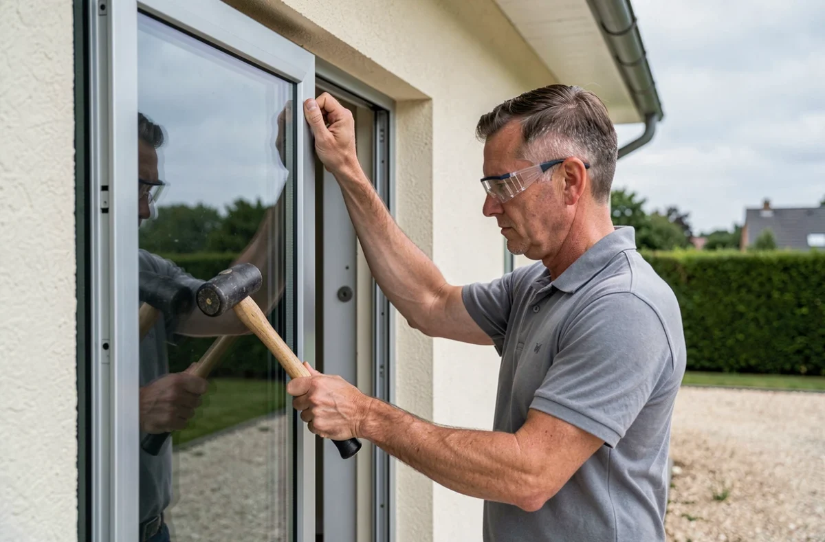 Technicien de Fenêtre de la Tour installant un cadre de fenêtre double vitrage sur une façade résidentielle dans les Yvelines