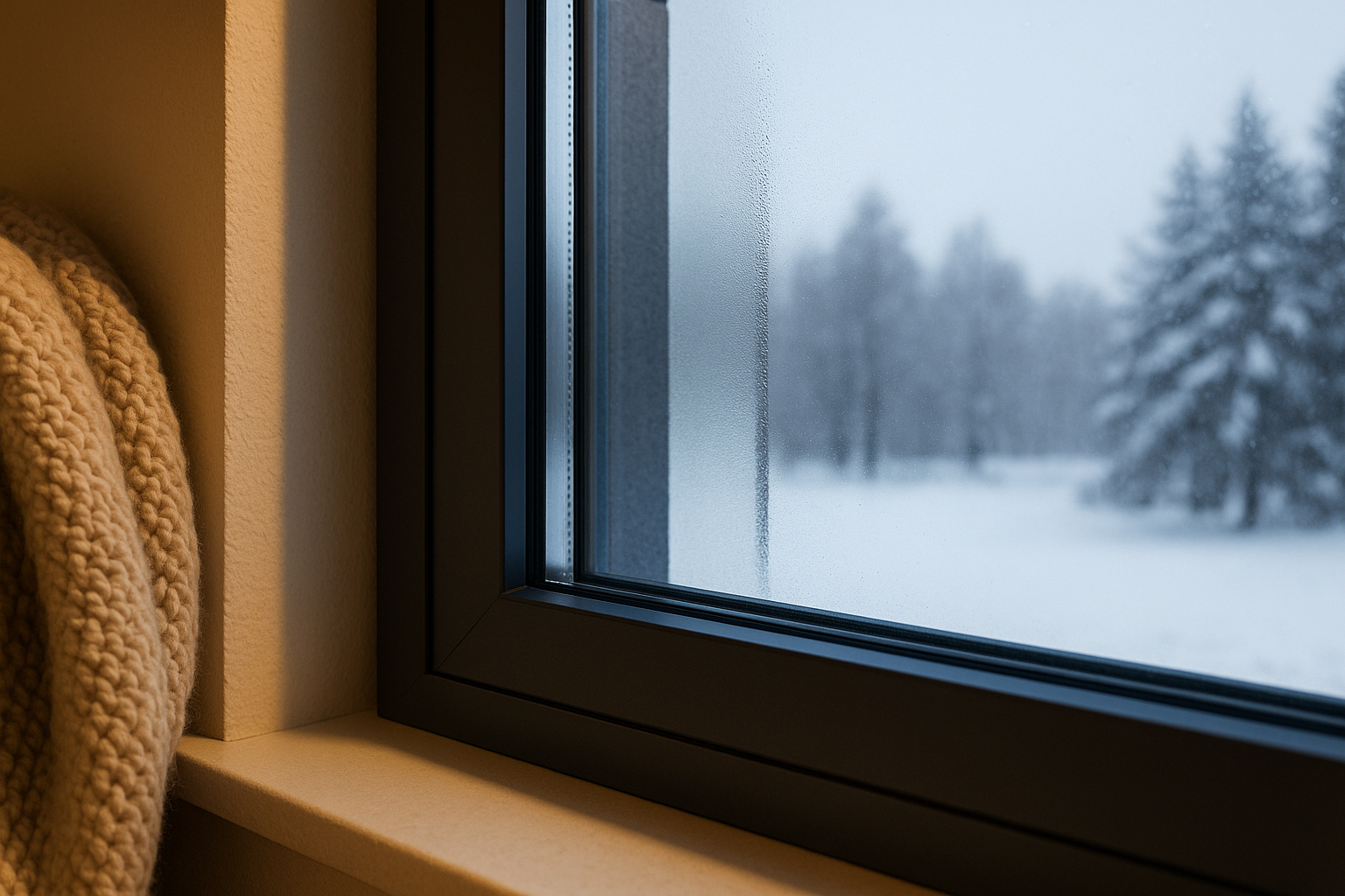 Fermeture de fenêtre isolante contre paysage hivernal froid