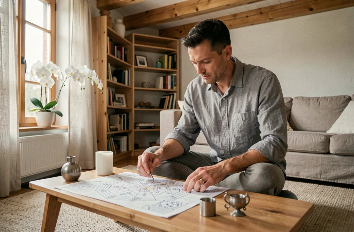 Homme étudiant un plan feng shui bagua sur une table basse dans un salon familial lumineux orienté ouest avec orchidées blanches