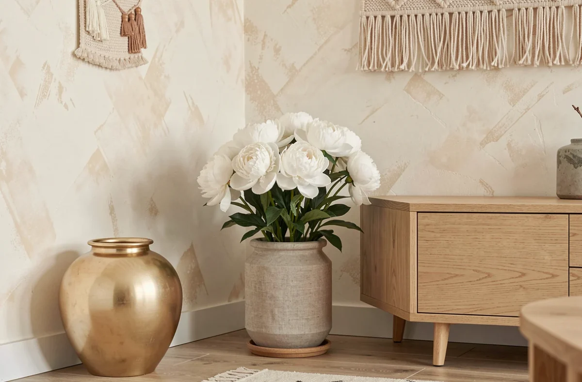 Coin de salon décoré selon les principes feng shui pour le secteur Ouest avec vase doré, fleurs blanches et meuble bois naturel