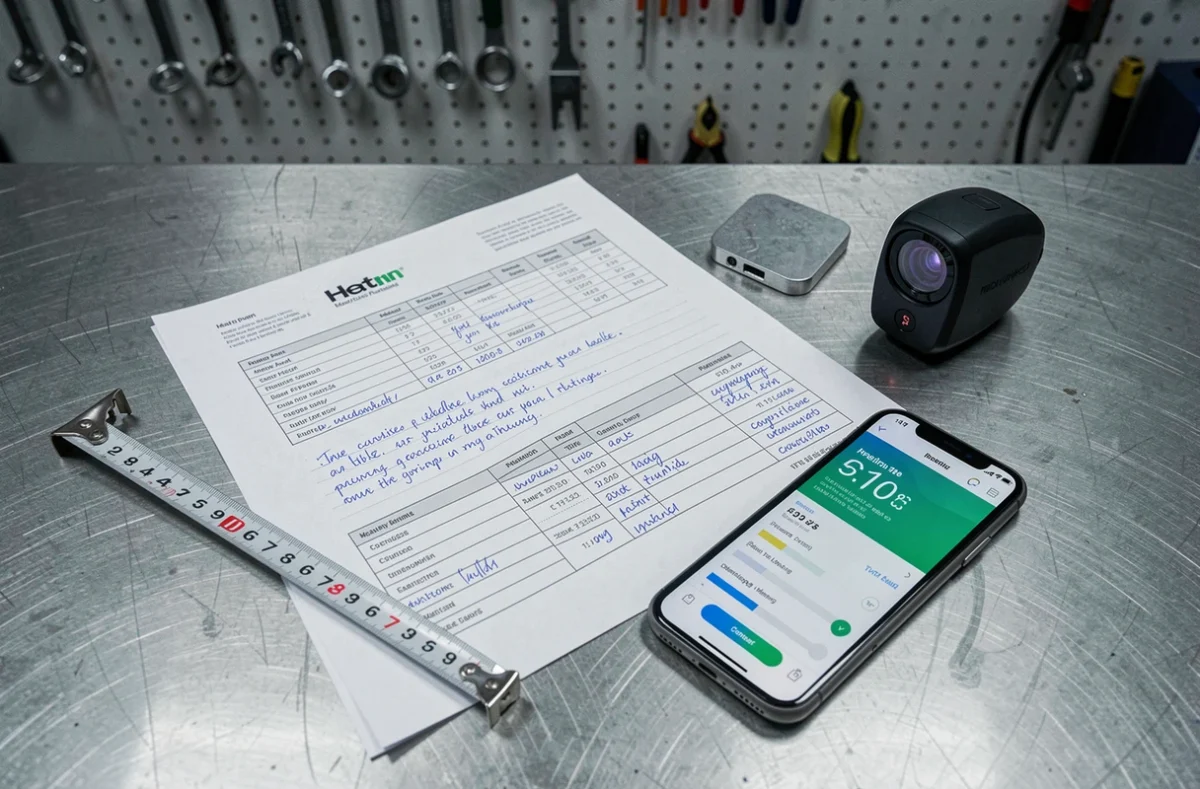 Fiche technique d'une pompe à chaleur annotée avec notes de calcul et outils de mesure pour un dimensionnement précis
