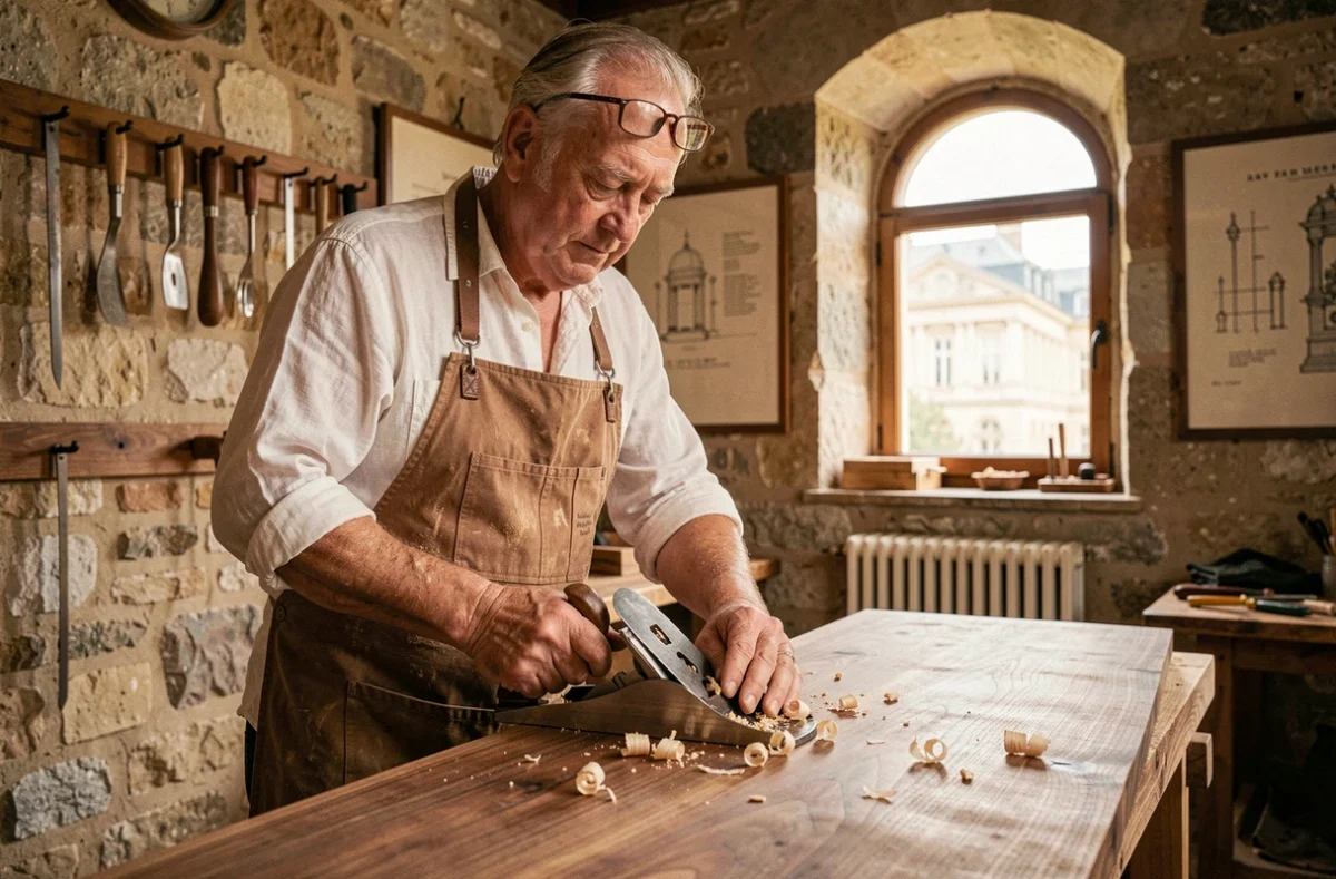 Maître artisan Figero & Fils rabot à la main un panneau en noyer dans un atelier de menuiserie artisanale près de Versailles
