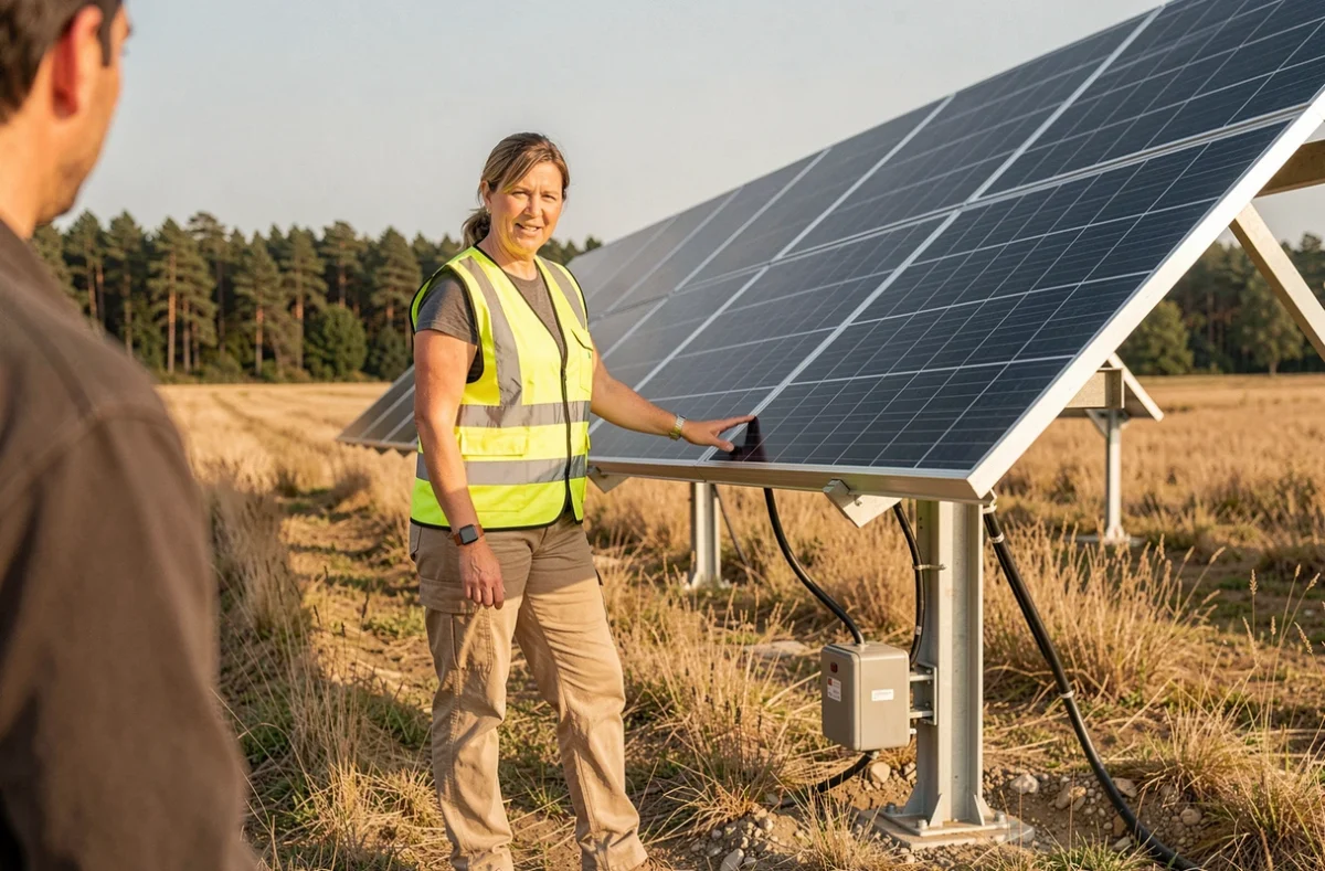 Technicienne expliquant le système de fixation au sol d'un panneau solaire dans un champ