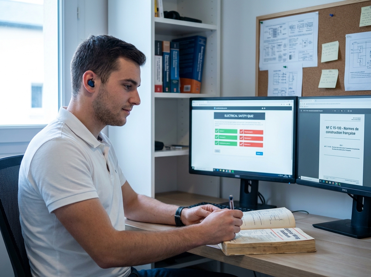 Jeune homme en reconversion professionnelle suivant une formation d'électricien du bâtiment à distance sur ordinateur