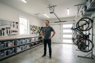 Garage résidentiel bien organisé avec étagères, crochets muraux et porte optimisée pour maximiser l'espace