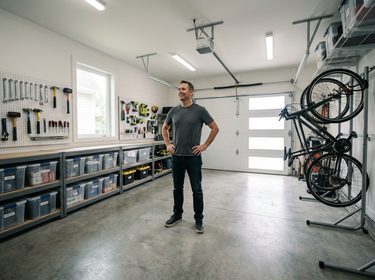 Garage résidentiel bien organisé avec étagères, crochets muraux et porte optimisée pour maximiser l'espace