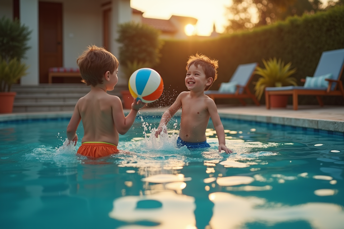Deux garçons jouant dans la piscine en soirée