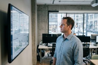 Gérant de bureau professionnel analysant un tableau de bord de consommation électrique dans un open space moderne