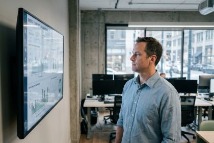 Gérant de bureau professionnel analysant un tableau de bord de consommation électrique dans un open space moderne
