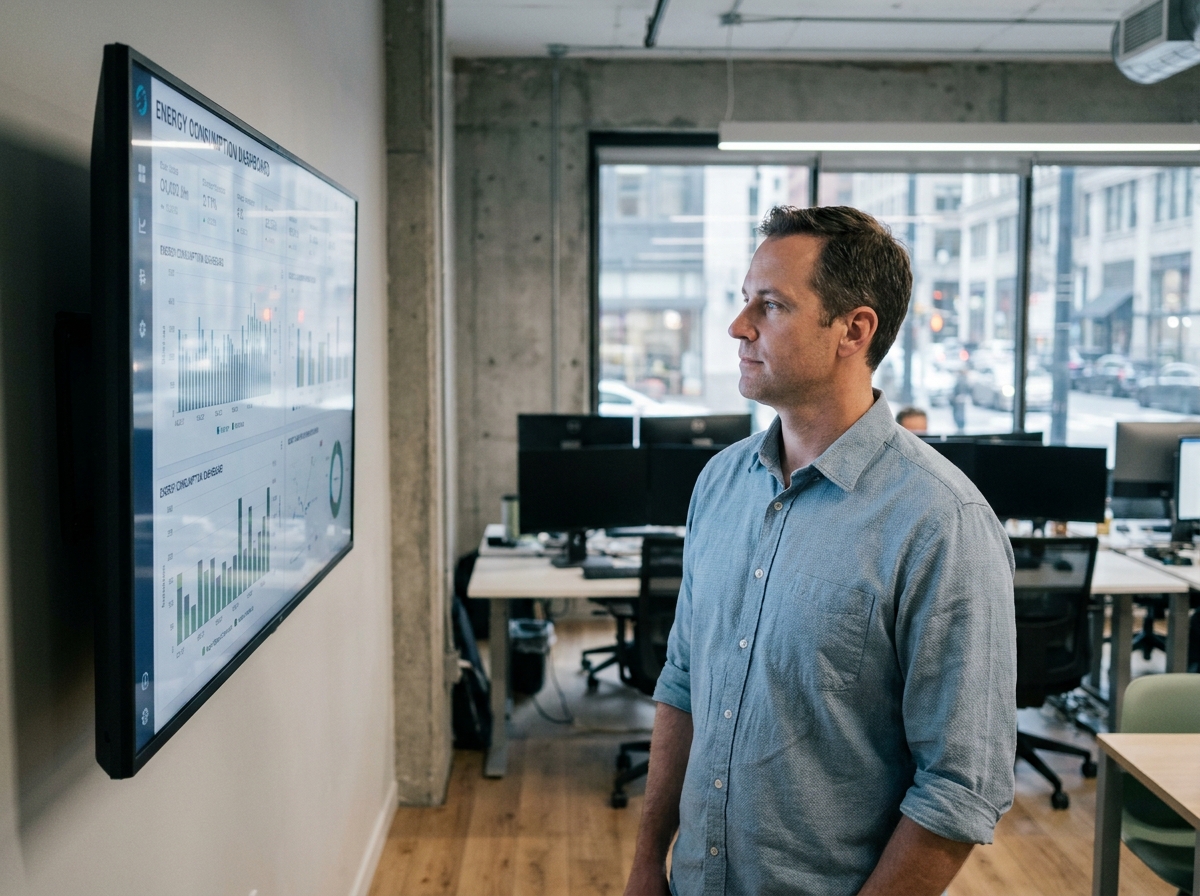 Gérant de bureau professionnel analysant un tableau de bord de consommation électrique dans un open space moderne