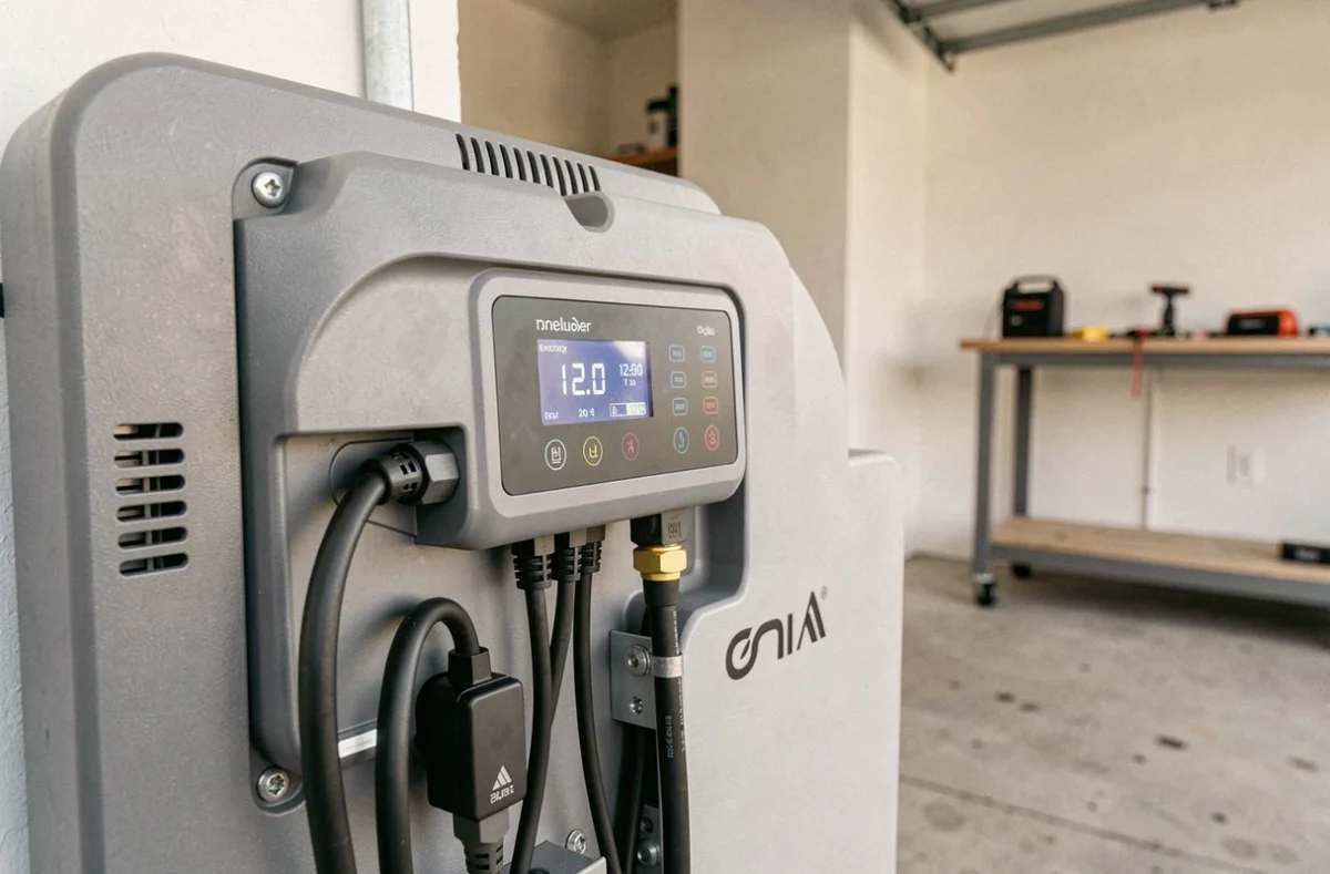 Gros plan sur le panneau de commande d'un accumulateur électrique domestique installé dans un garage