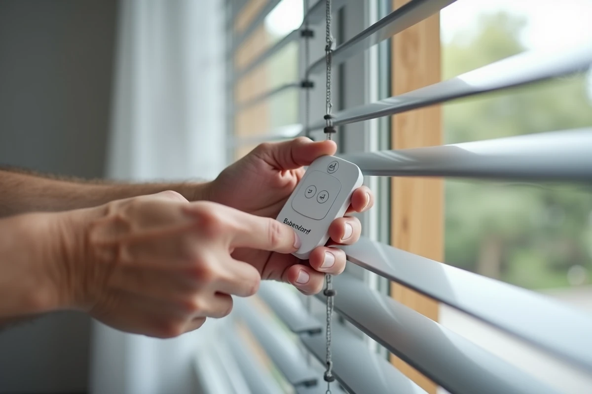 Gros plan sur des mains tenant une télécommande Bubendorff lors de la procédure de réinitialisation d'un volet roulant