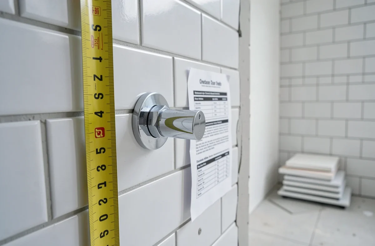 Gros plan sur un mitigeur de douche chromé avec un mètre ruban indiquant la hauteur d'installation standard sur carrelage blanc