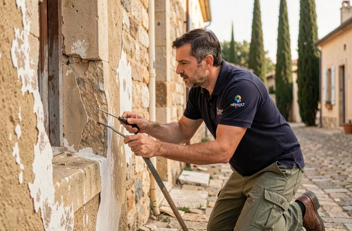 Expert de Hérault Façades diagnostiquant les dégâts d'humidité sur la façade d'une vieille maison en pierre dans un village héraultais