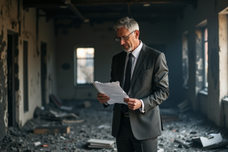 Homme d'affaires dans un bureau brûlé avec documents endommagés