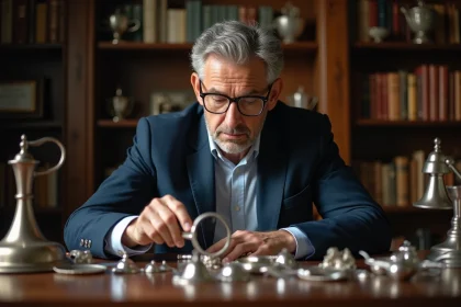 Homme d'âge moyen examinant de la vaisselle en argent