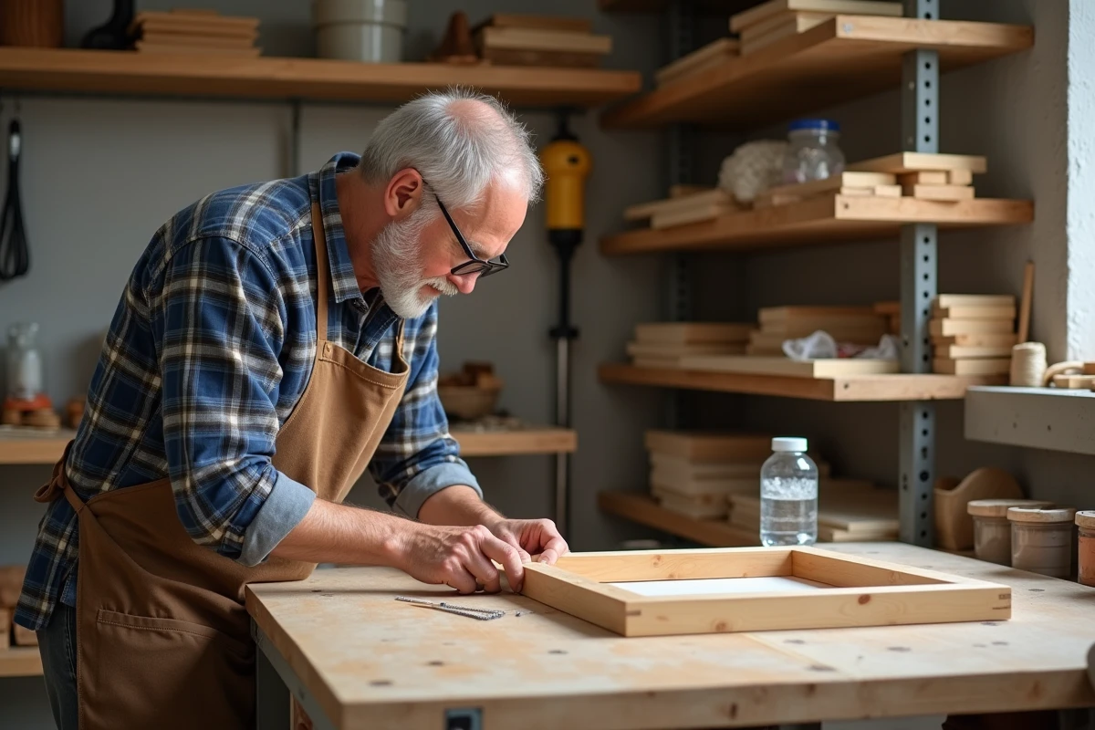 Homme middleaged assemble un cadre en bois dans son garage