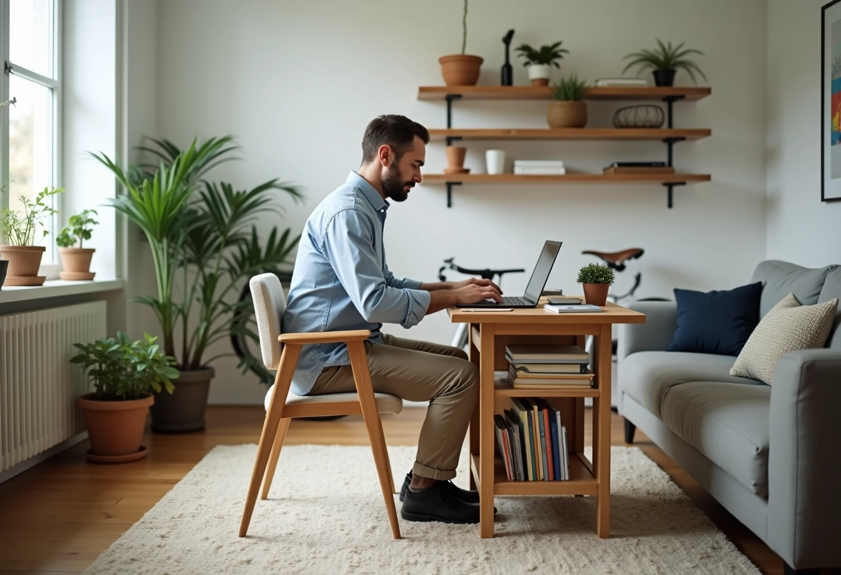 Homme travaillant à un bureau multifonction dans un studio lumineux