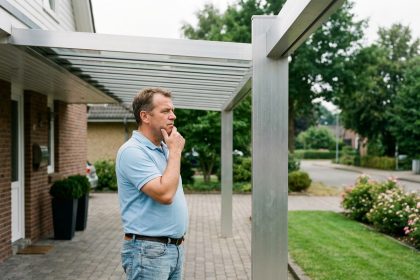 Homme inspectant un carport en aluminium moderne dans une maison de banlieue