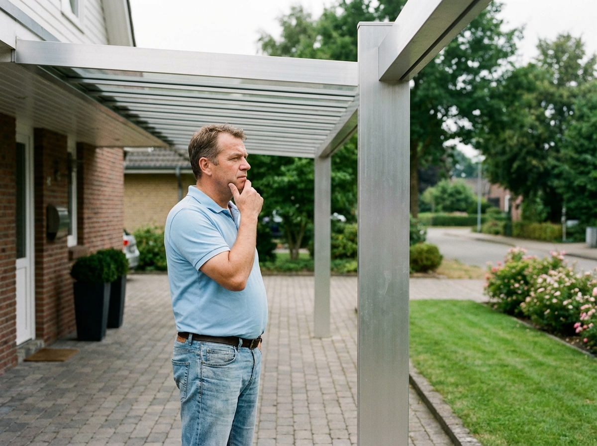 Homme inspectant un carport en aluminium moderne dans une maison de banlieue