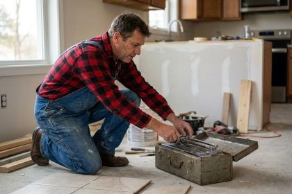 Homme en overalls choisissant un coupe-carrelage dans un atelier