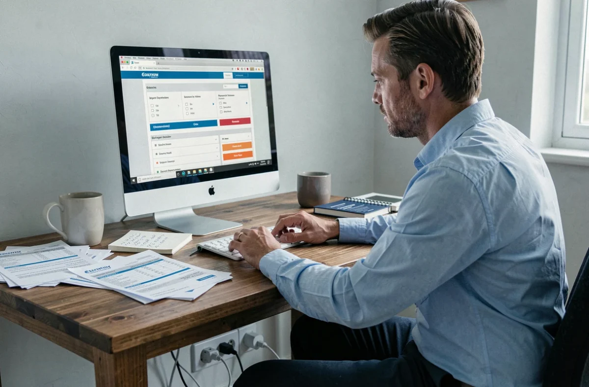 Homme comparant des offres d'électricité sur ordinateur dans un bureau à domicile pour optimiser son contrat énergie