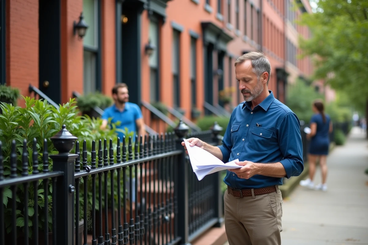 Homme montrant devis renovation devant une maison urbaine