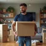 Homme en t-shirt navy portant une grande boîte en carton