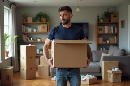 Homme en t-shirt navy portant une grande boîte en carton