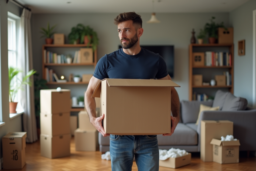 Homme en t-shirt navy portant une grande boîte en carton
