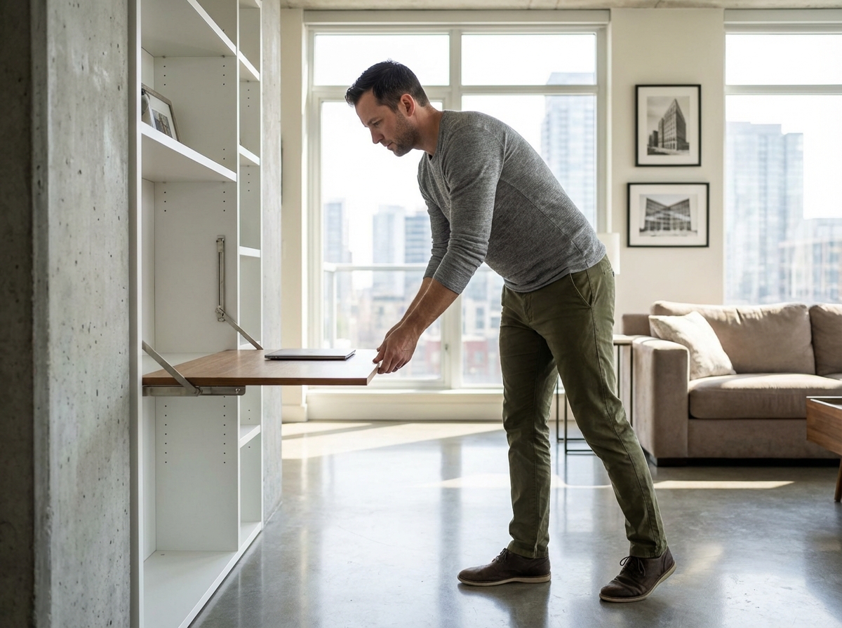 Homme en jeans déployant un bureau escamotable dans un appartement moderne