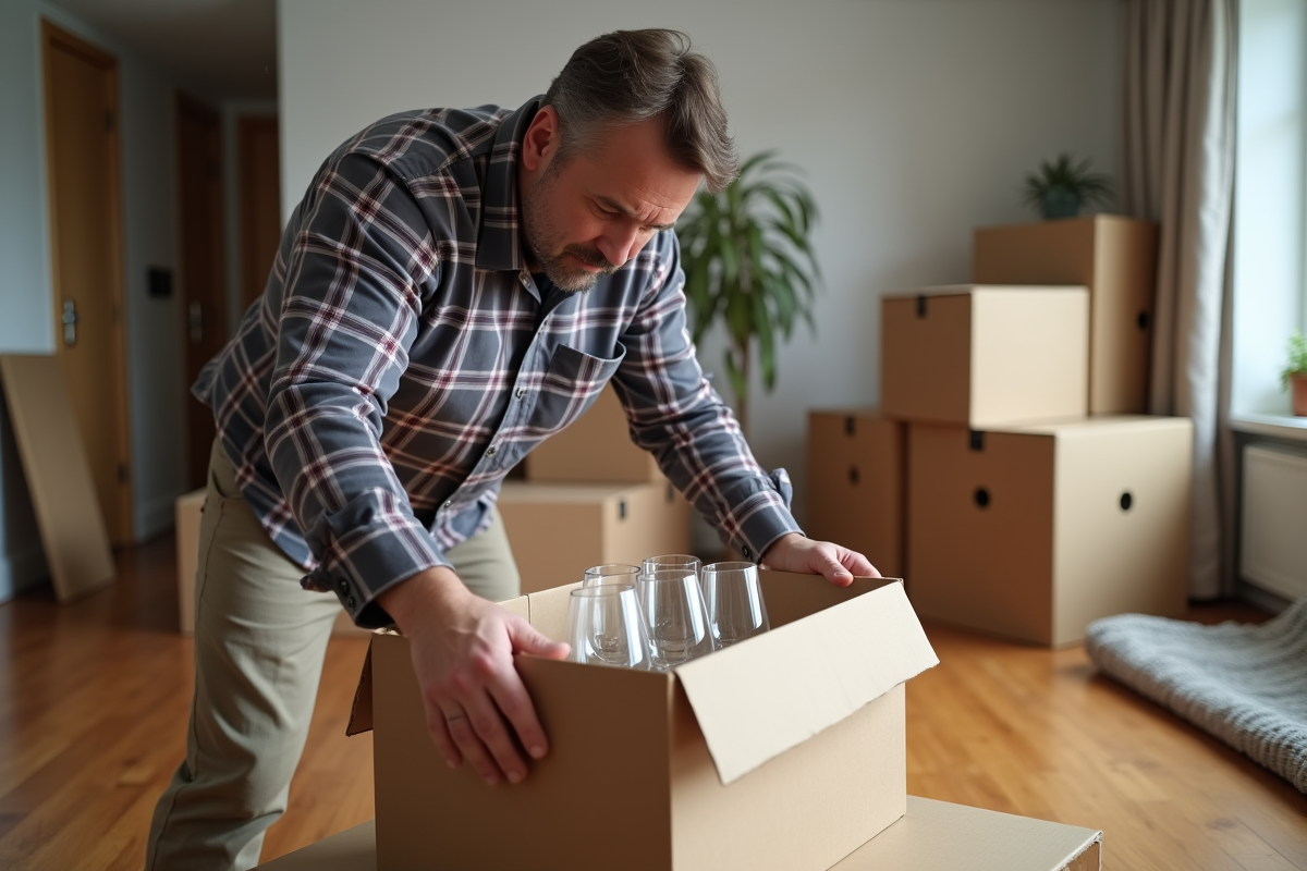 Homme plaçant des verres en cristal dans une caisse en carton