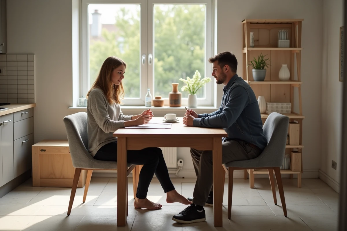 Jeune femme et carreleur examinant un contrat de travaux dans la cuisine