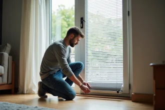 Homme d'âge moyen inspectant un volet électrique partiellement fermé