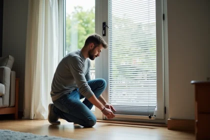 Homme d'âge moyen inspectant un volet électrique partiellement fermé