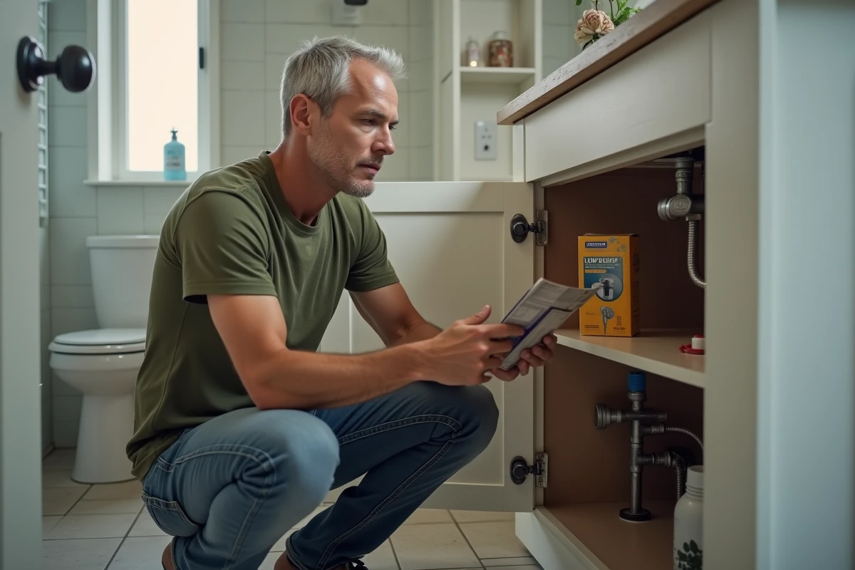 Homme lisant les instructions d'un nouveau pommeau de douche économique lors d'une installation DIY dans une salle de bain