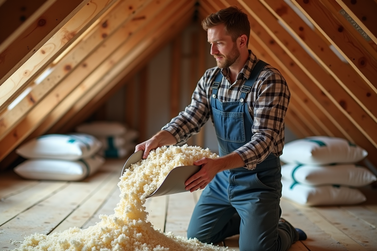 Homme en overalls posant de la cellulose dans un grenier