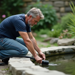 Homme d'âge moyen près d'un bassin de jardin en pleine nature