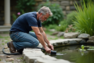 Homme d'âge moyen près d'un bassin de jardin en pleine nature