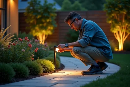 Homme ajustant un projecteur LED dans un jardin moderne