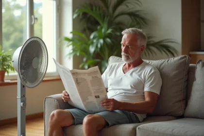 Homme d'âge moyen lisant près d'un ventilateur moderne
