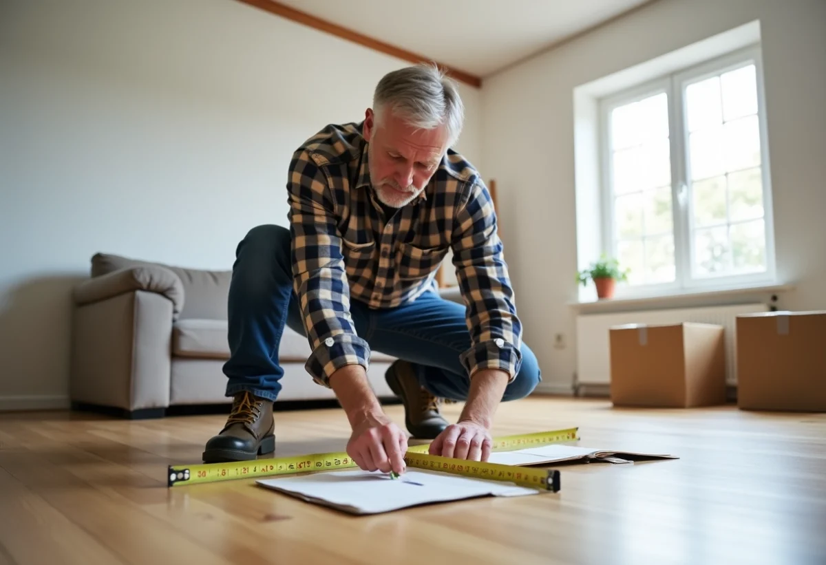 Homme mesurant un espace dans un salon rénové avec précision