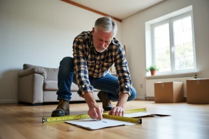 Homme mesurant un espace dans un salon rénové avec précision