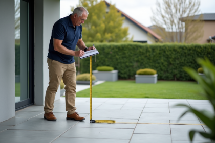 Homme mesurant une terrasse extérieure en béton gris