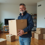 Homme en jeans portant une caisse dans un appartement moderne