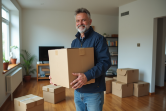 Homme en jeans portant une caisse dans un appartement moderne