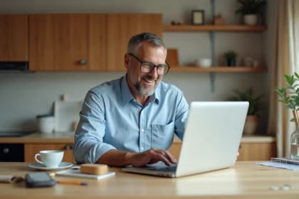 Homme d'âge moyen utilisant un ordinateur dans une cuisine moderne