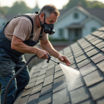 Hommes en combinaison appliquant un traitement sur un vieux toit en bardeaux