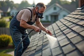Hommes en combinaison appliquant un traitement sur un vieux toit en bardeaux